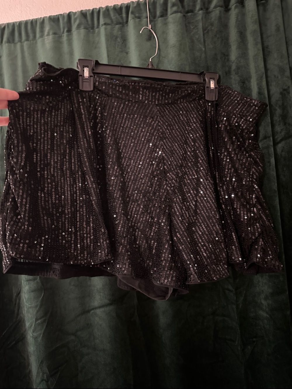 Black Sequin Overlay Flared Shorts